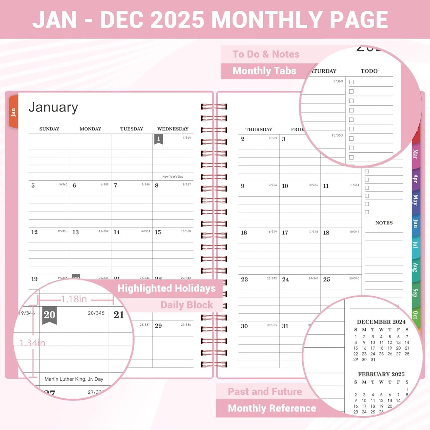 2025 Planner - Weekly Monthly Planner 2025, Calendar Planner from January 2025 to December 2025 with Spiral Bound, Inner Pocket, Colorful Tabs, 6.4'' X 8.5'' - Pink