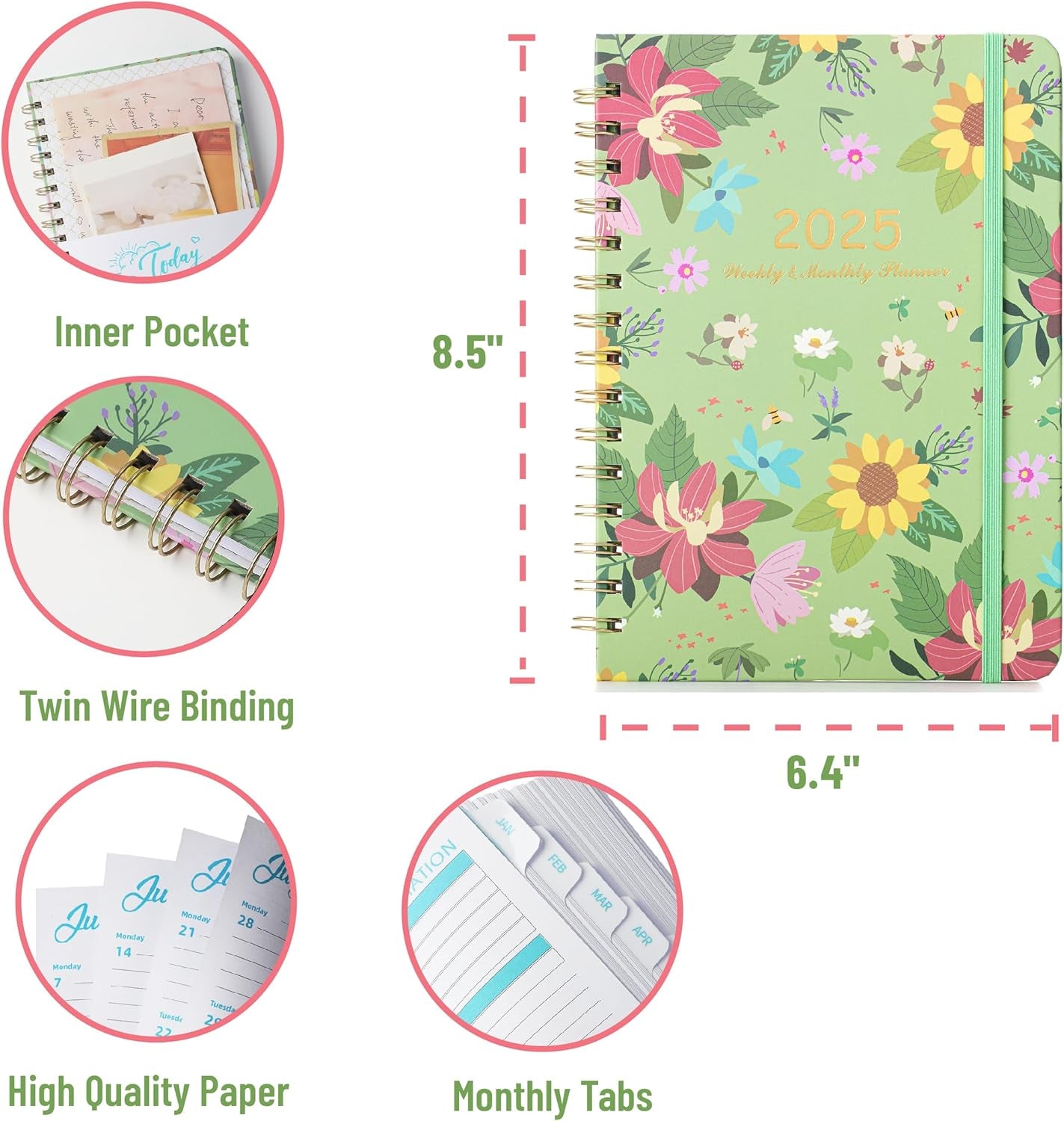 - 2025 Planner, 6.4"X8.5", Garden Mint, 2025 Planner Weekly and Monthly, 2025 Weekly Planner 2025, 2025 Monthly Planner 2025 Calendar Monthly Planner 2025, Christmas Gift