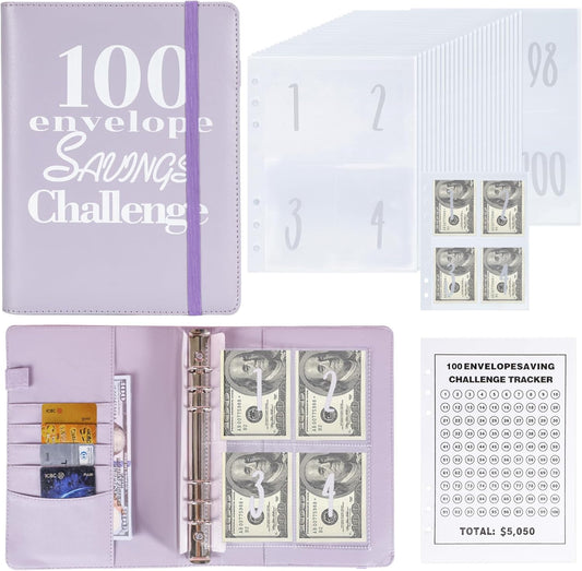 100 Envelopes Money Saving Challenge Money Saving Binder 100 Envelope Challenge Binder Savings Binder Envelope A5 Savings Challenge Book (Purple)