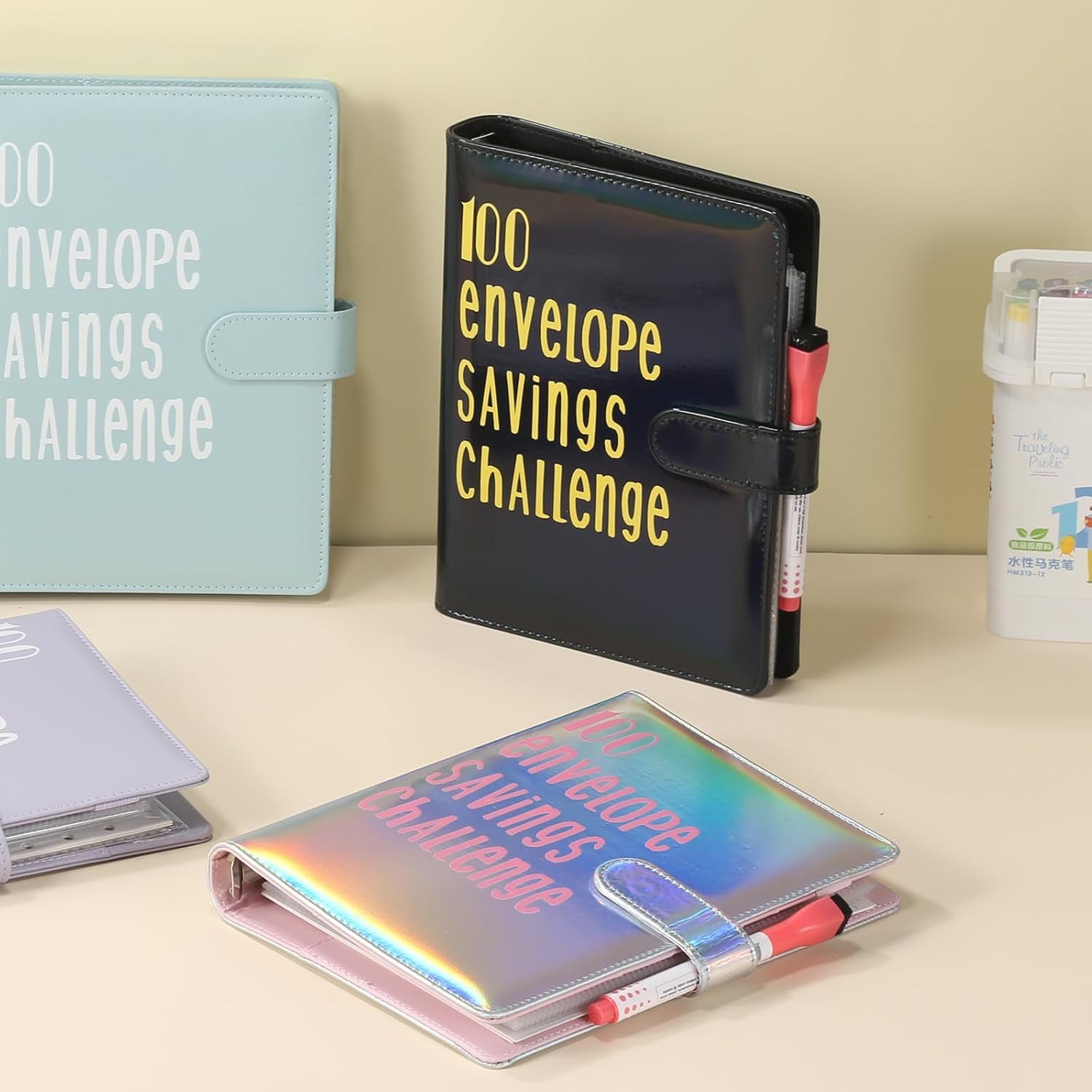 100 Envelope Challenge Binder A5 Money Savings Challenges Book with Cash Envelopes and Erasable Marker for Cash Saving Money Saving Binder to save $5,050, 10,000, 500 Black