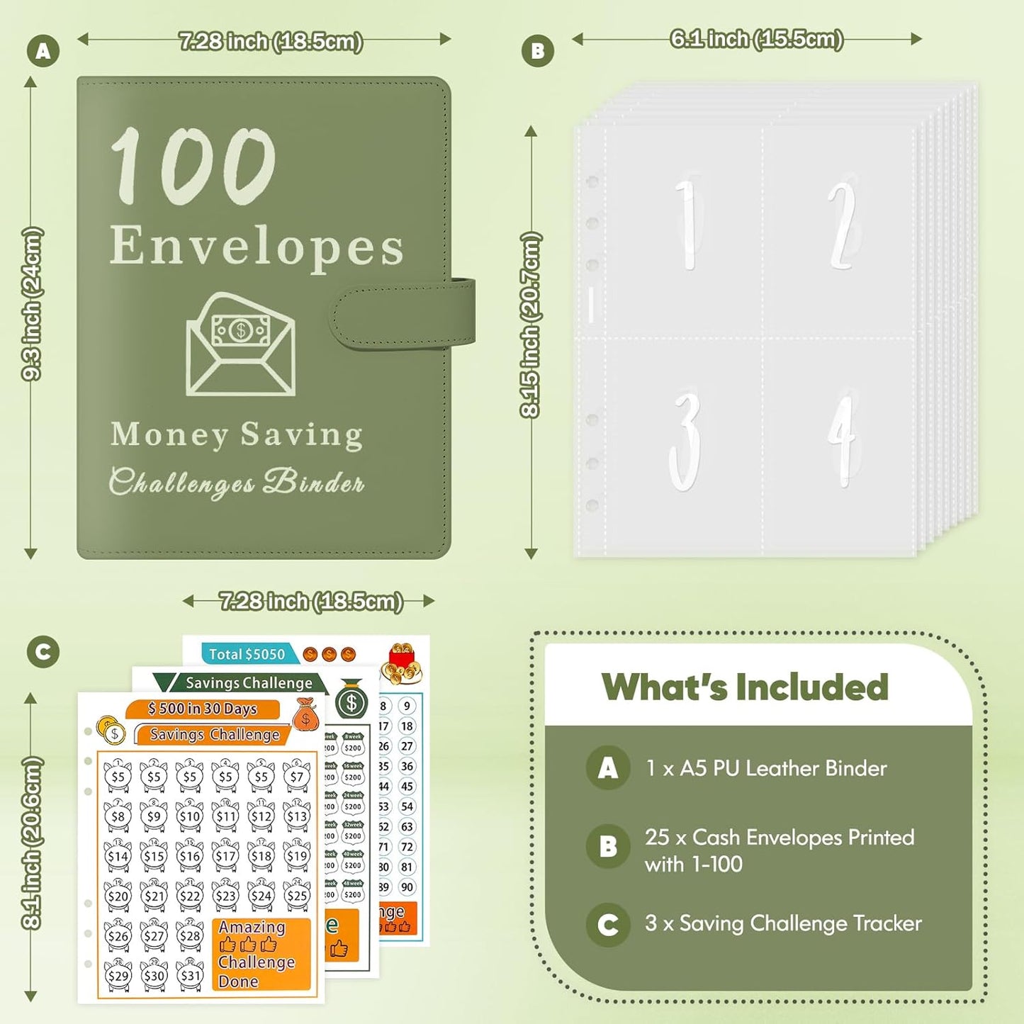 100 Envelopes Money Saving Challenge, A5 Budget Binder with Cash Envelopes & 3 Budgeting Planner Trackers to save $5,050, 10,400, 500, Money Savings Challenge Book for Organizer, Olivegreen