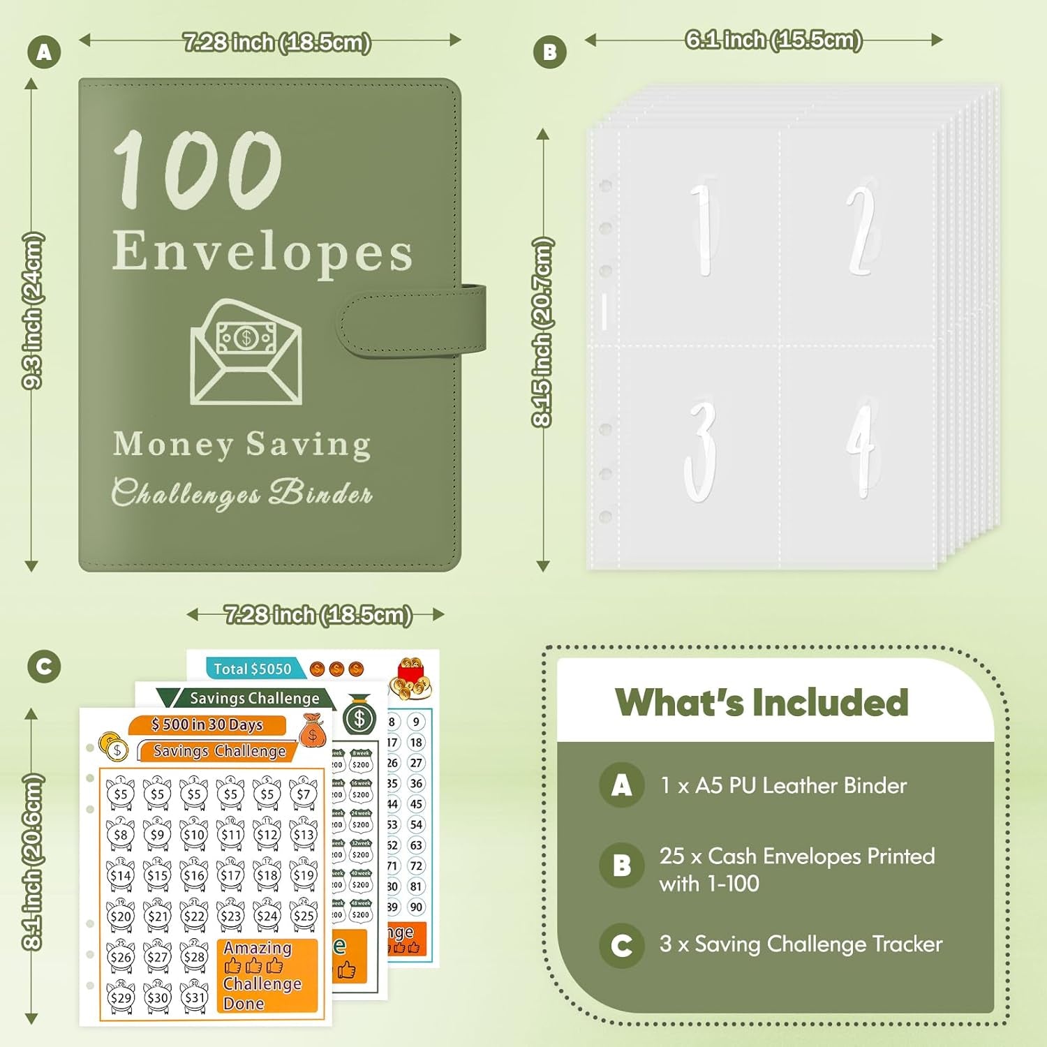 100 Envelopes Money Saving Challenge, A5 Budget Binder with Cash Envelopes & 3 Budgeting Planner Trackers to save $5,050, 10,400, 500, Money Savings Challenge Book for Organizer, Olivegreen