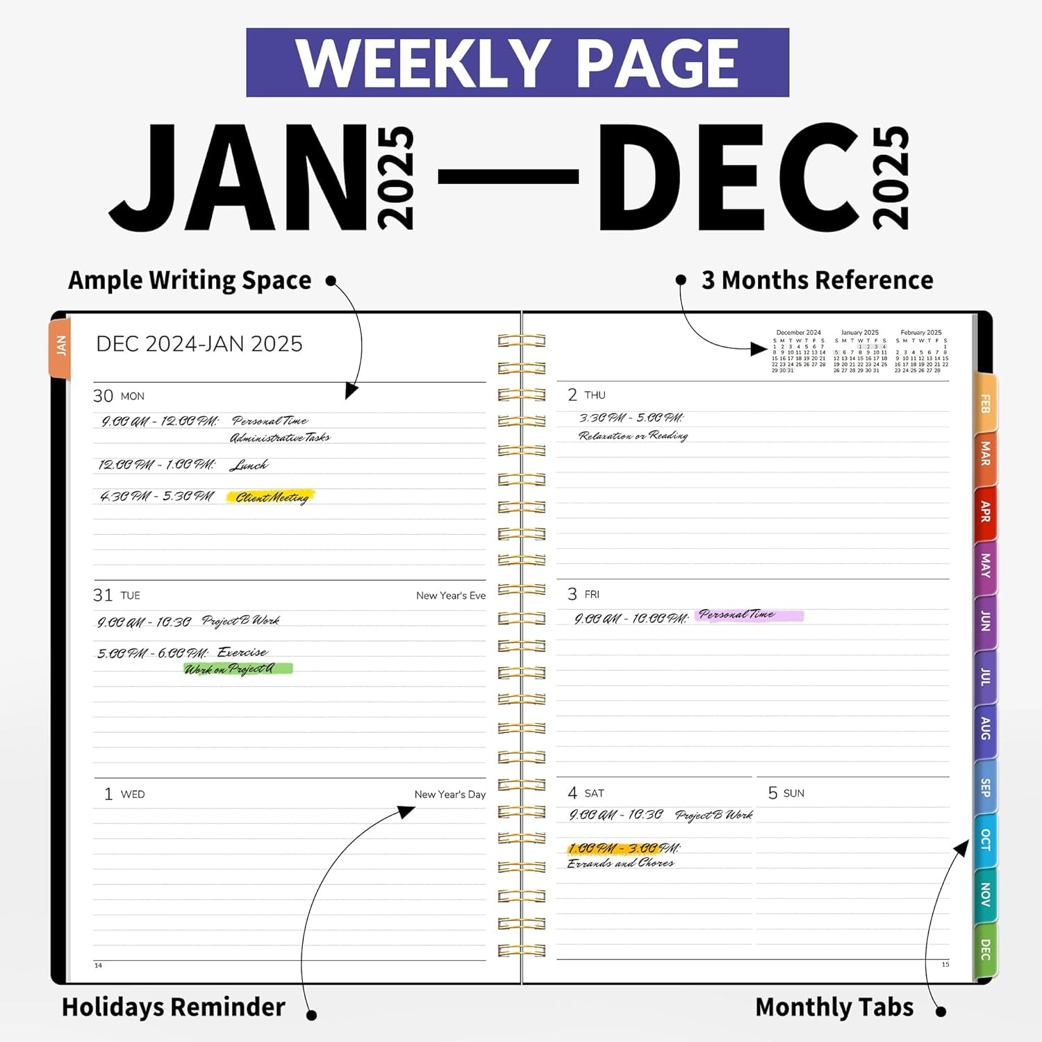 2025 Planner, Weekly and Monthly Planner January - December 2025, 6.4" X 8.3" Monthly Planner with Waterproof Flexible Cover, Spiral Binding Notebook with Monthly Tab, Pockets, Bookmark, Black