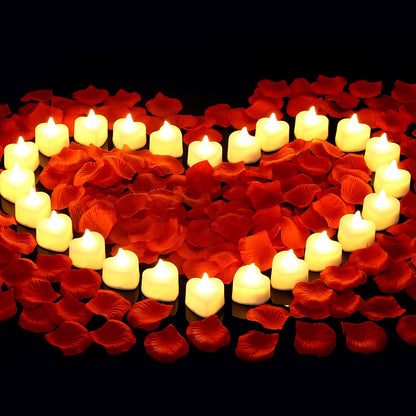 2000 Pieces Artificial Rose Petals with 24 Pieces LED Tea Lights Candles, Romantic Decorations Special Night Set for Valentine'S Day, Wedding Anniversary or Table Décor