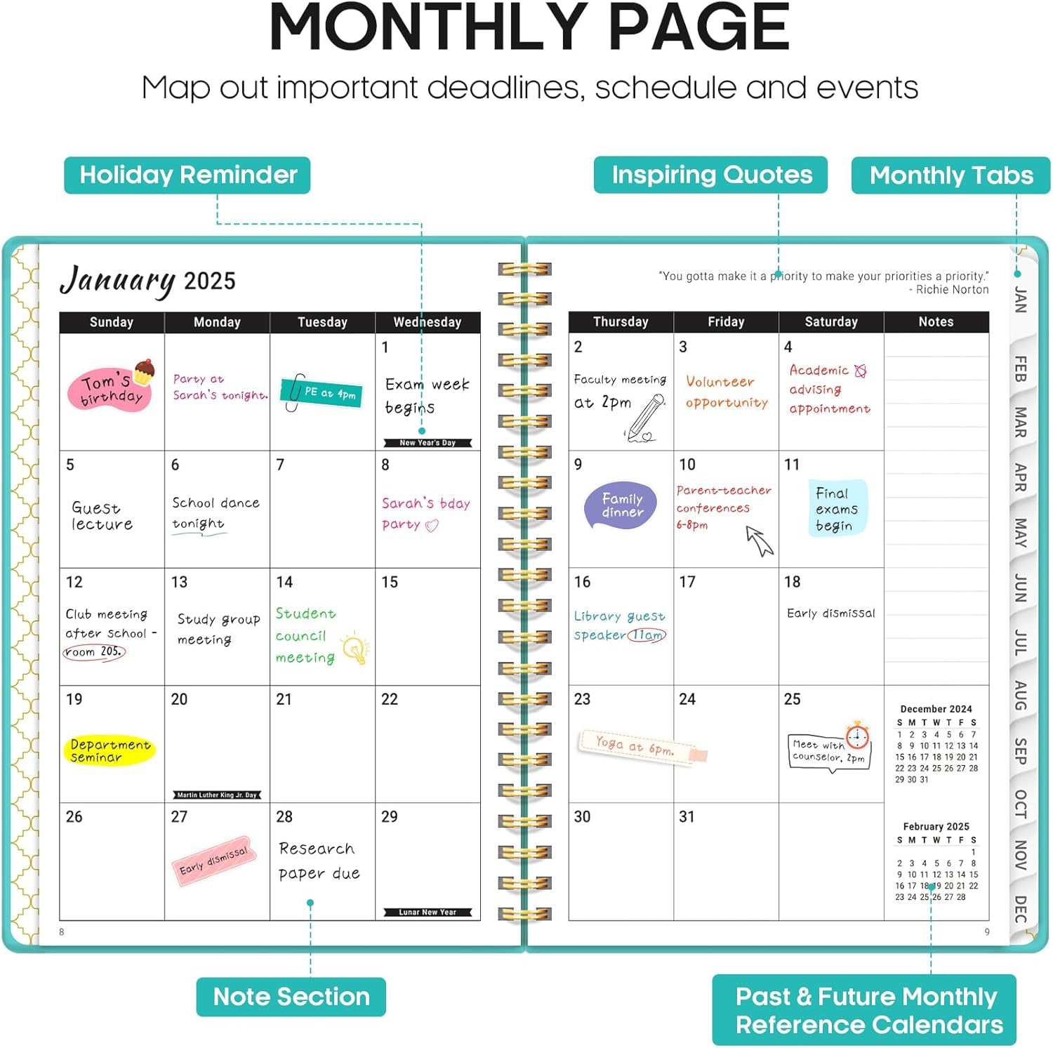 2025 Planner - Weekly and Monthly Planner Spiral Bound, January 2025 - December 2025, Hardcover 2025 Calendar Planner Book with Tabs, Inner Pocket, Perfect for Office Home School Supplies - A5 (6.3" X 8.5"), Aquamarine