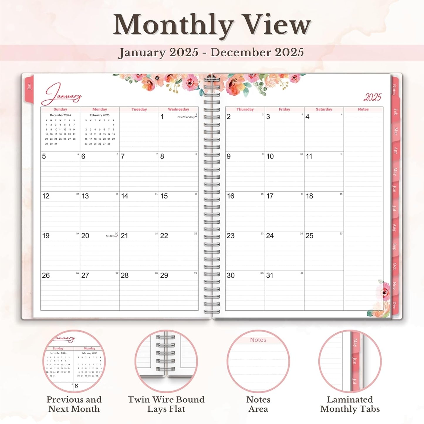 2025 Planner Book 8.5X11 (Floral), Jan to Dec 2025, Large Monthly Weekly Daily Planner, 2025 Calendar Notebook, 8X11 Agenda with Monthly Tabs