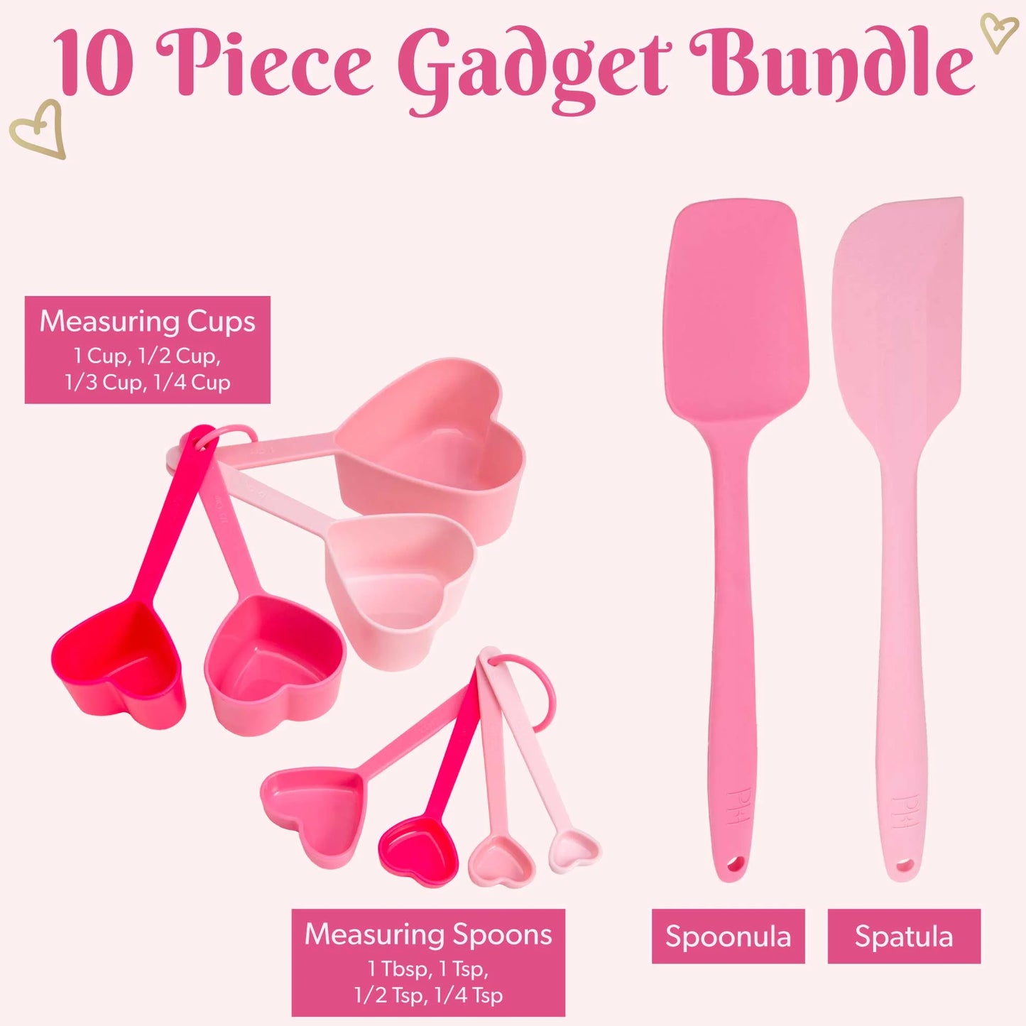 10 Piece Gadget Set, Includes Measuring Cups, Measuring Spoons, and 2 Silicone Spatulas, Pink