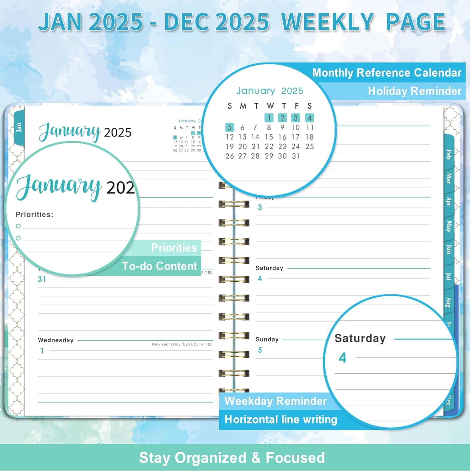 2025 Planner - Weekly & Monthly Planner 2025 with Tabs, January 2025 - December 2025, 6.3" X 8.4", Hardcover with Back Pocket + Thick Paper + Twin-Wire Binding - Blue