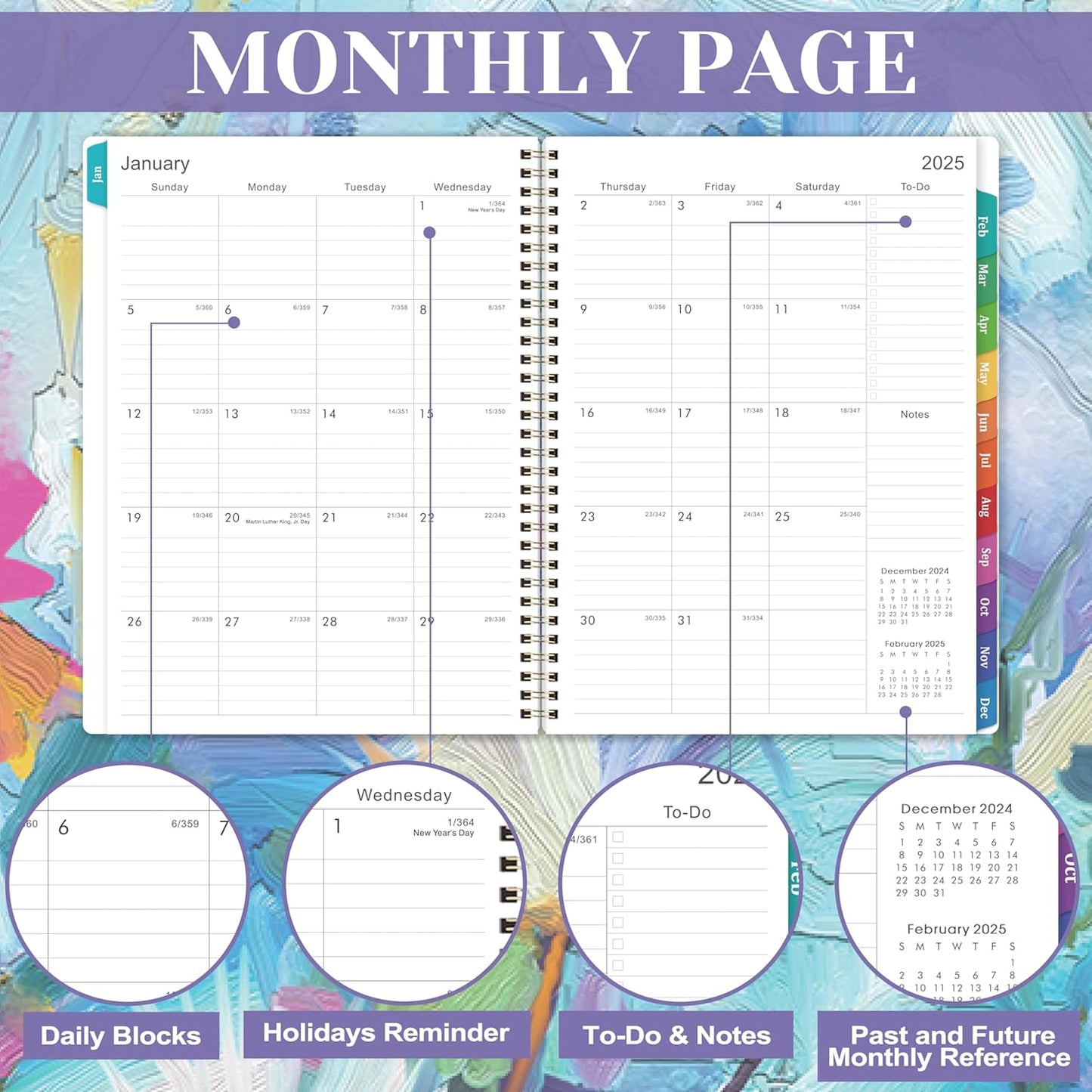 2025 Planner - 2025 Planner Weekly and Monthly, Planner 2025, 9" X 11", Jan 2025 - Dec 2025, Colorful Monthly Tabs, Twin-Wire Binding, Holidays, Back Pocket