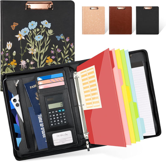 Leather Portfolio Folder with Zipper - 3 Ring Binder with Clipbard - Calculator, 12.1” Tablet Sleeve, 5 Dividers with 10 Pockets, Refillable Notepad, Card Holder (Bushes)