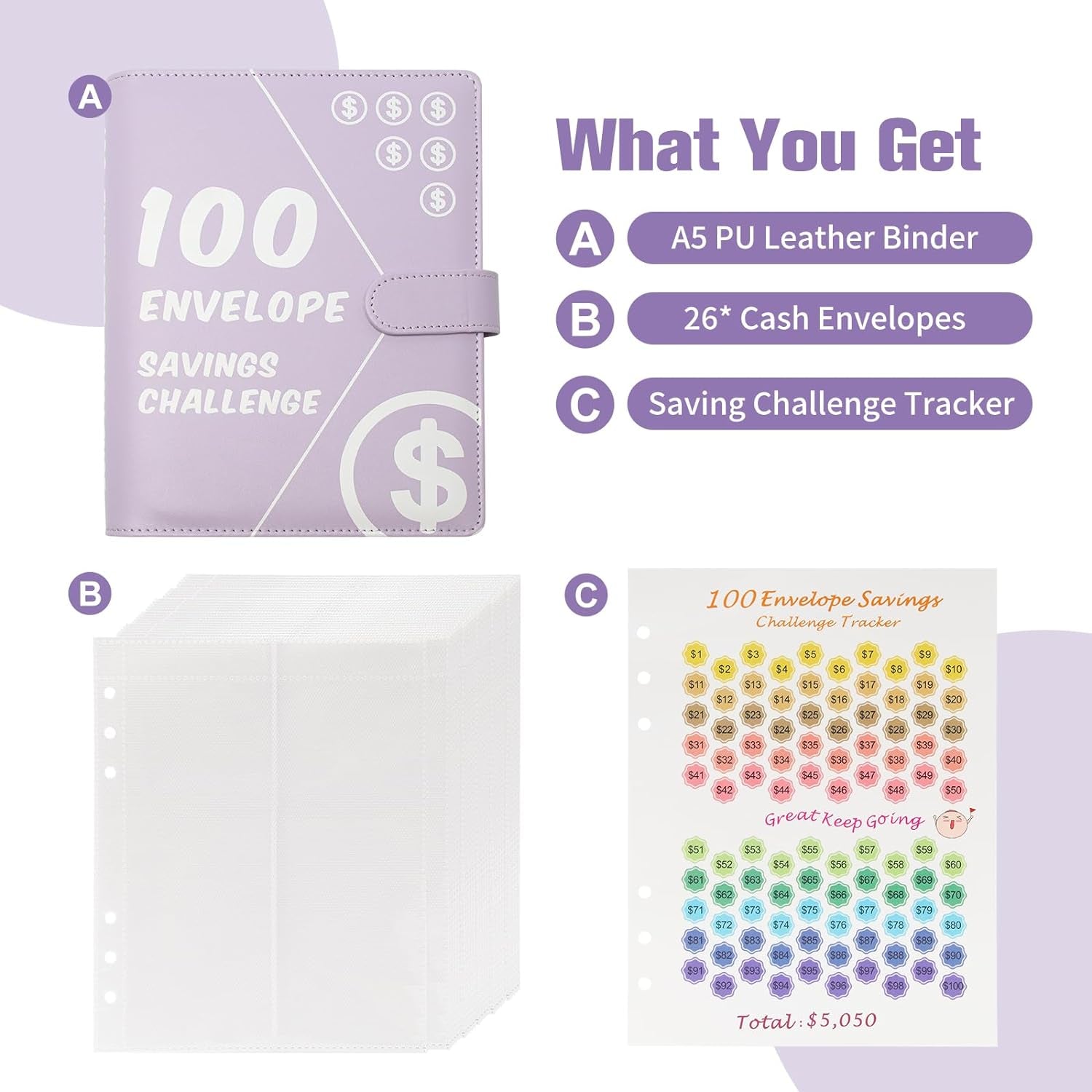 100 Envelopes Challenge Binder, Money Saving Challenge Book - Easy & Fun Way to save $5,050, Budget Binder with Cash Envelopes for Budgeting Planner & Saving Money - Purple