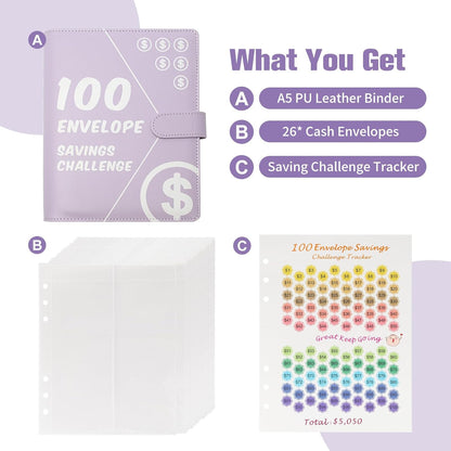 100 Envelopes Challenge Binder, Money Saving Challenge Book - Easy & Fun Way to save $5,050, Budget Binder with Cash Envelopes for Budgeting Planner & Saving Money - Purple