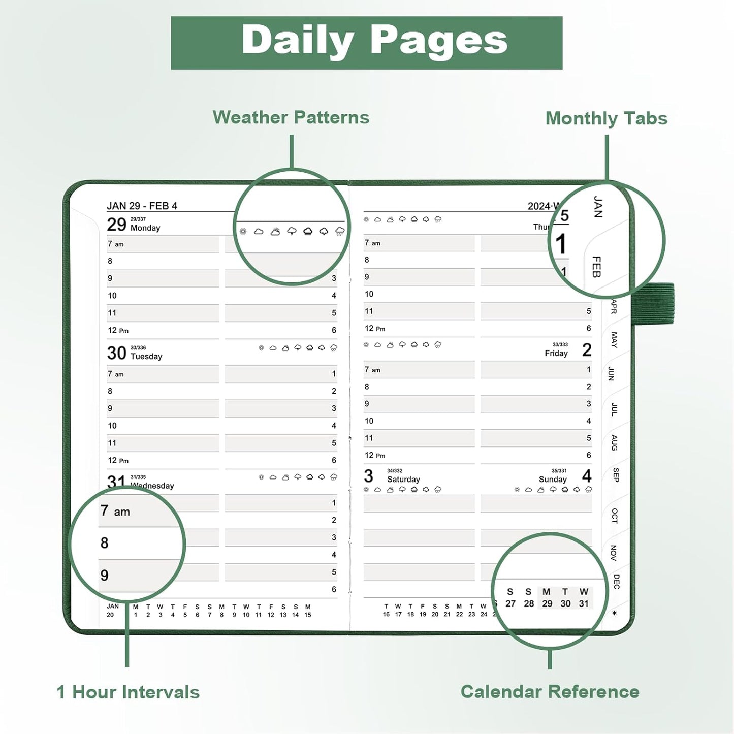 2024 Daily Pocket Planner 2024 Calendars 12 Month Planner 4'' X 6'', Leather Hardcover Weekly Monthly Planner Hourly Appointment Planner, Green