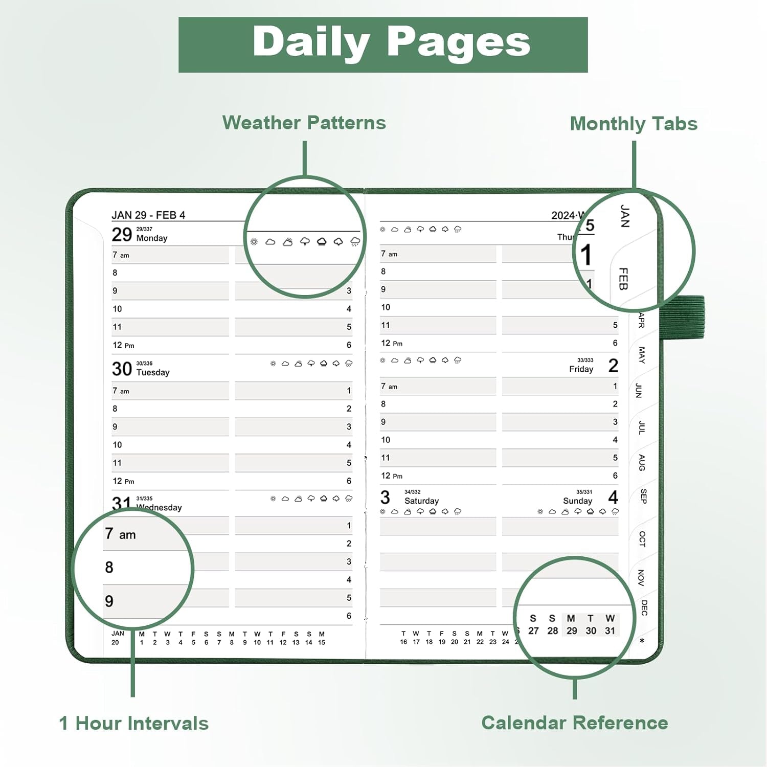 2024 Daily Pocket Planner 2024 Calendars 12 Month Planner 4'' X 6'', Leather Hardcover Weekly Monthly Planner Hourly Appointment Planner, Green