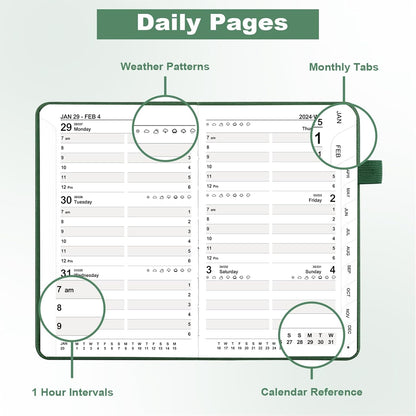 2024 Daily Pocket Planner 2024 Calendars 12 Month Planner 4'' X 6'', Leather Hardcover Weekly Monthly Planner Hourly Appointment Planner, Green