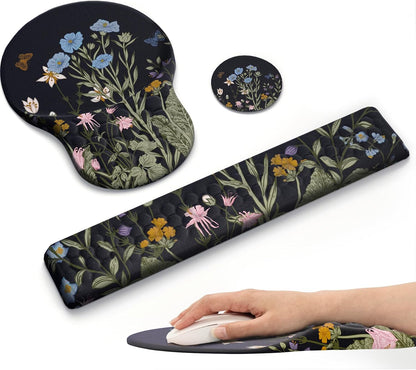 Ergonomic Wrist Rest, 3 in 1 Comfortable Mouse and Keyboard Wrist Support Set, Memory Foam, PU Base Non-Slip Wrist Support for Desk, Office and Home Use, Floral