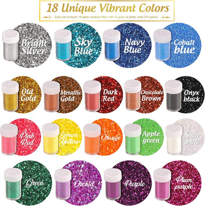 Glitter, 18 Pack Fine Glitter, Craft Glitter Powder Shake Jar, Multi Assorted Set Extra Fine Glitter for Resin Art Crafts Tumbler Scrapbook Jewelry Making, Body Face Hair Glitter, 15G/ Bottle,