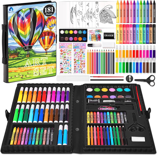 Art Set,  Art Supplies Drawing Painting Kit Includes Oil Pastels, Crayons, Colored Pencils, Watercolor Cakes, Gifts for Kids Girls Boys Teens (Black)