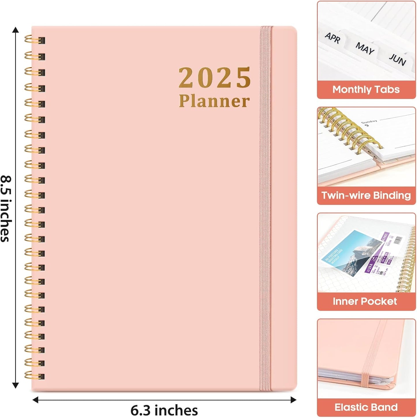 2025 Planner - Weekly and Monthly Planner Spiral Bound, January 2025 - December 2025, Hardcover 2025 Calendar Planner Book with Tabs, Inner Pocket, Perfect for Office Home School Supplies - A5 (6.3" X 8.5"), Pink