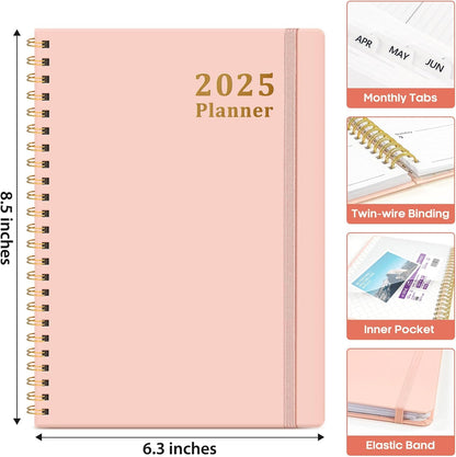 2025 Planner - Weekly and Monthly Planner Spiral Bound, January 2025 - December 2025, Hardcover 2025 Calendar Planner Book with Tabs, Inner Pocket, Perfect for Office Home School Supplies - A5 (6.3" X 8.5"), Pink