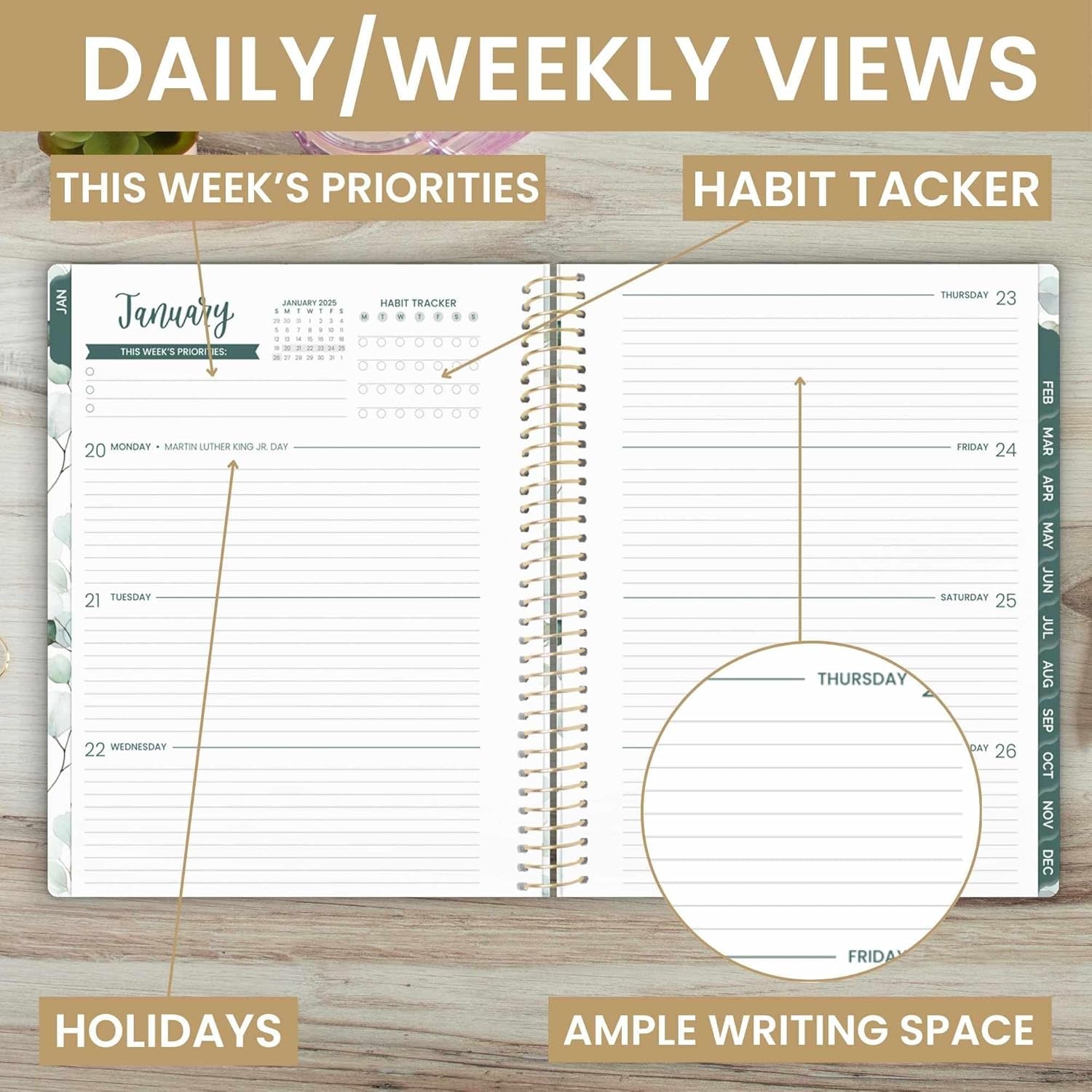 2025 (8.5" X 11") Calendar Year Day Planner (January 2025 - December 2025) - Weekly/Monthly Dated Agenda Organizer with Stickers & Tabs - Boho Greenery