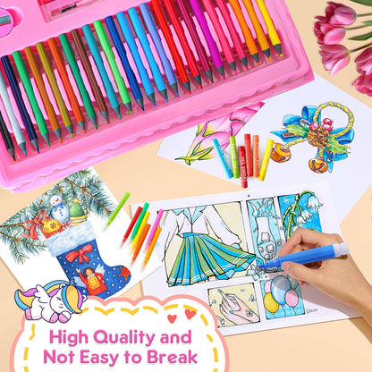 Art Supplies 332 Piece Drawing Art Kit Gifts for Girls Boys Kids Teens Gifts Art Set Case with Double Sided Trifold Easel, Stickers, Sketch Paper, Coloring Book, Pastels, Crayons, Pencils (Pink)