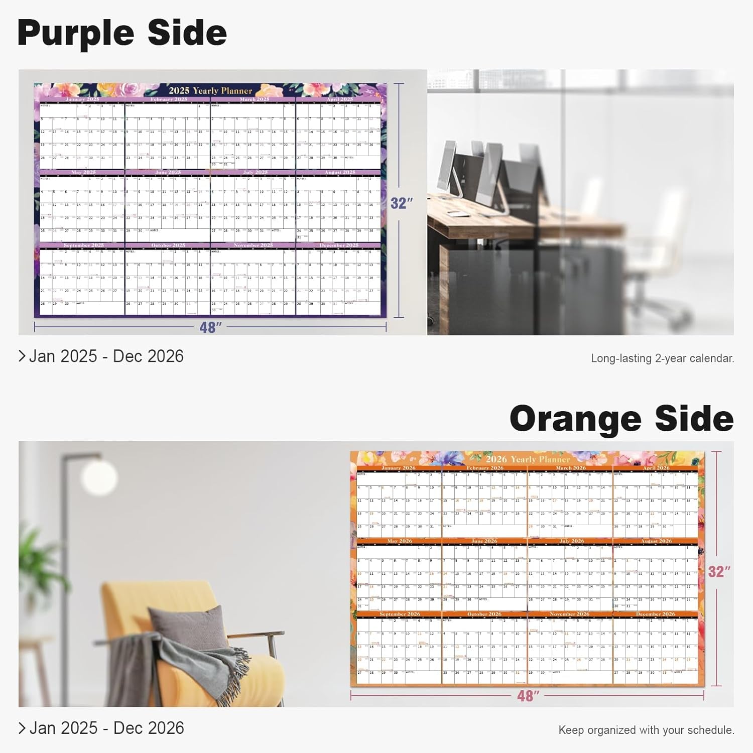 Dry Erase Wall Calendar 2025-2026 Large Laminated Calendar 32'' X 48'' Yearly Office Horizontal 24 Month Calendar, Use July 2025 - June 2026