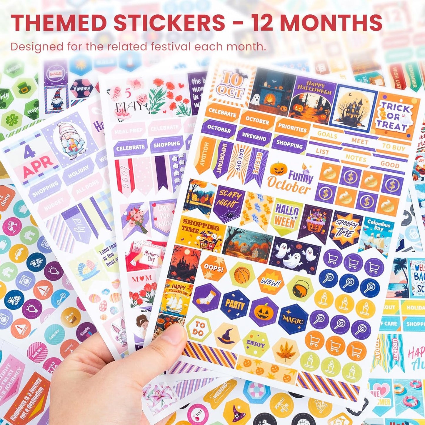 Planner Stickers, 18 Sheets Monthly Calendar Sticker Pack, Inspirational Motivational Quotes Festivals Label Sticker, for Decorating Organizers Scrapbooks Laptops Cups