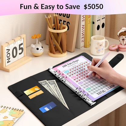 Savings Book 100 Envelopes Money Saving Challenge Book with Laminated Tracker, A5 Money Saving Budget Binder with Cash Envelopes to save $5,050, Black