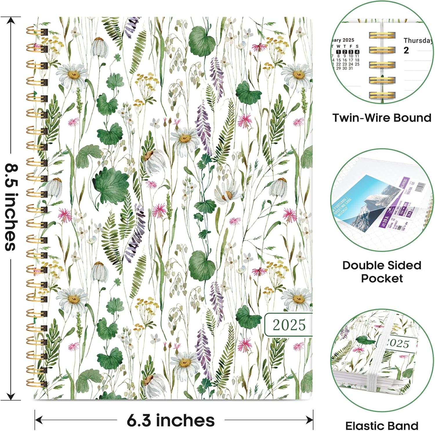 2025 Planner - Weekly and Monthly Planner, Jan 2025 to Dec 2025, Hardcover 2025 Calendar Planner Book with Monthly Tabs, Inner Pocket, Ideal for Office Home School Supplies - A5 (6.3" X 8.5"), Spring Flowers