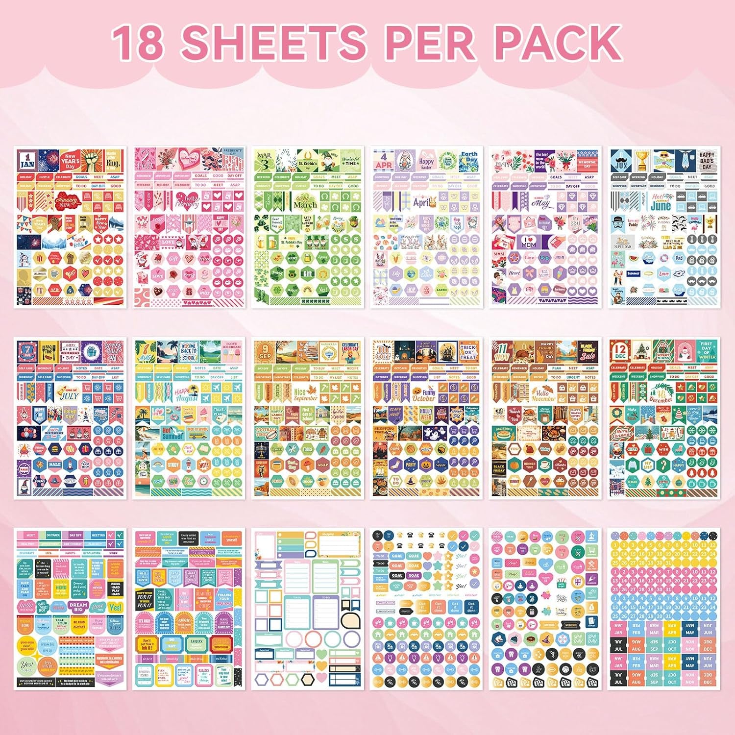 Planner Stickers, 18 Sheets Monthly Calendar Sticker Pack, Inspirational Motivational Quotes Festivals Label Sticker, for Decorating Organizers Scrapbooks Laptops Cups