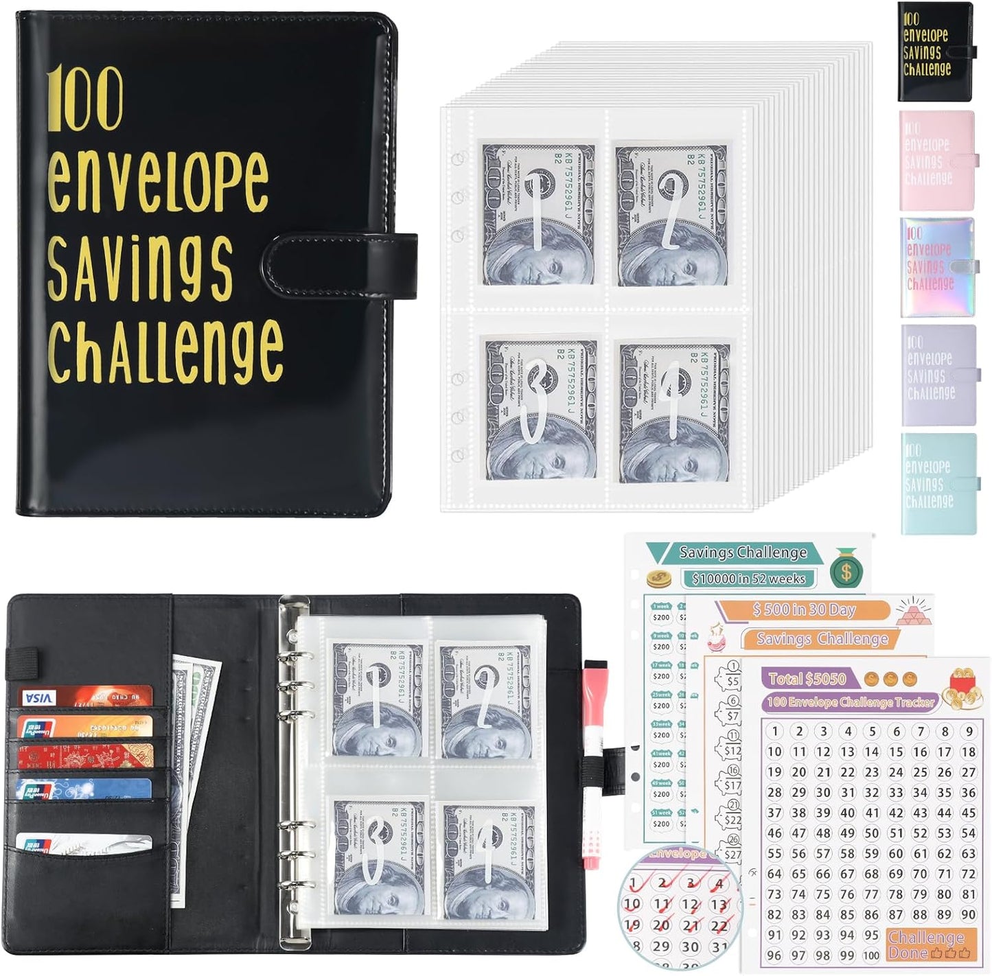 100 Envelope Challenge Binder A5 Money Savings Challenges Book with Cash Envelopes and Erasable Marker for Cash Saving Money Saving Binder to save $5,050, 10,000, 500 Black