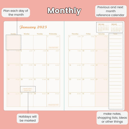 2025 Planners for Women Agenda 2025 Planner Weekly Monthly Jan 2025 - Dec 2025 Small Hardcover Calendar Planner with Gift Box, 2 Stickers, Pen Holder, Pockets, Bookmarks, 5.9" X 8.7", Pink