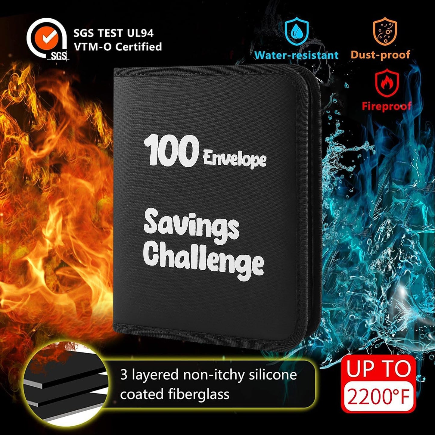 100 Envelopes Money Saving Challenge，Fireproof Savings Challenges Book with Envelopes,Saving Challenge Binder with Zipper,Easy and Fun Way to save $5,050