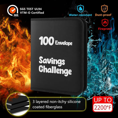 100 Envelopes Money Saving Challenge，Fireproof Savings Challenges Book with Envelopes,Saving Challenge Binder with Zipper,Easy and Fun Way to save $5,050