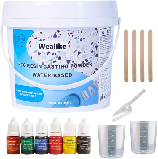 Eco Resin Casting Powder 6.6Lbs/3000G,Water-Based Ceramic Resin Plaster with 6PCS Pigments,20-30 Minutes Demold.Easy Mix for Home Decor &DIY Art