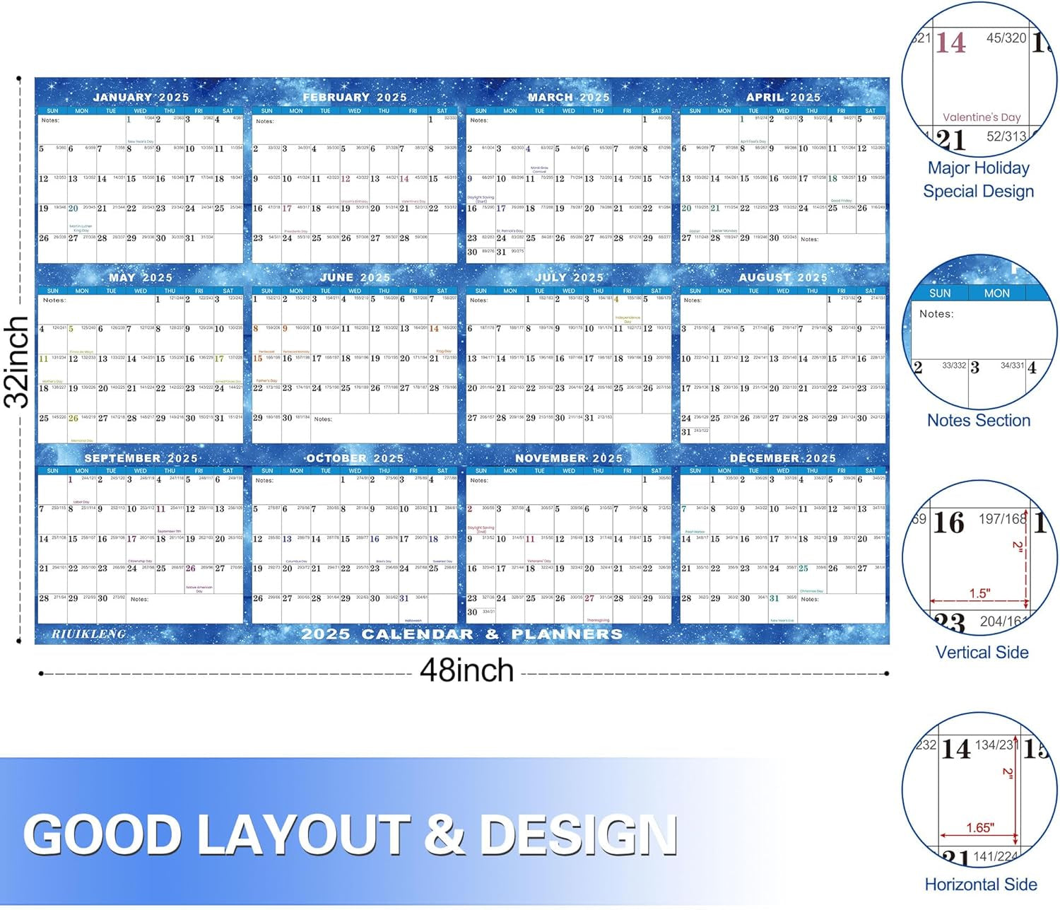 32" X 48" 2025 Wall Calendar Erasable Starry Sky, Wet & Dry Erase Large Laminated Annual Yearly Planner - 12 Month Horizontal/Vertical Calendar January to December for Easy Planning, Organizing