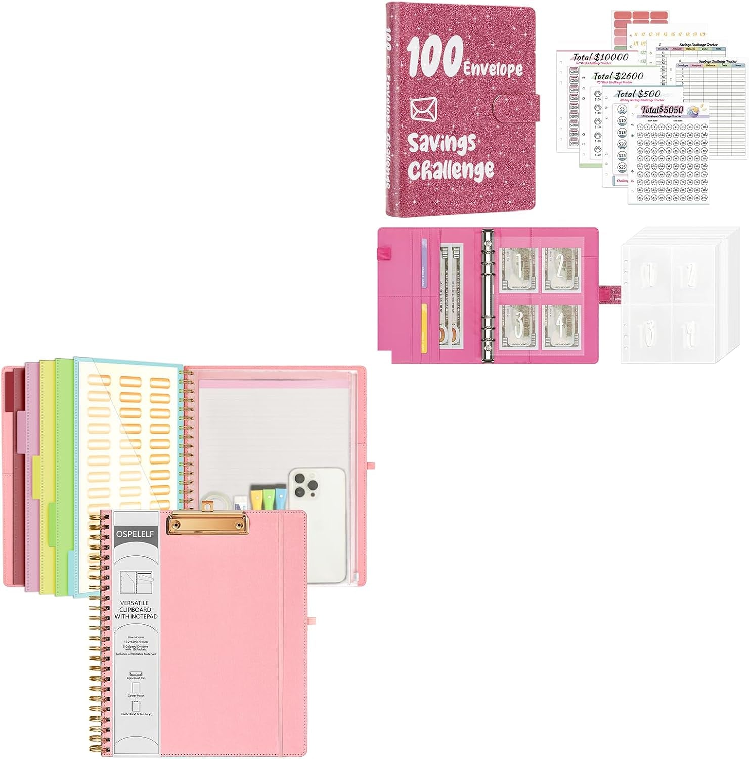 Foldable Spiral Clipboard Folio with Storage Zipper Pouch, 5 Plastic Folders with 10 Pockets,Refillable Lined Notepad (11" X 8.5"), Hardcover Project Organizer with 39 Stickers