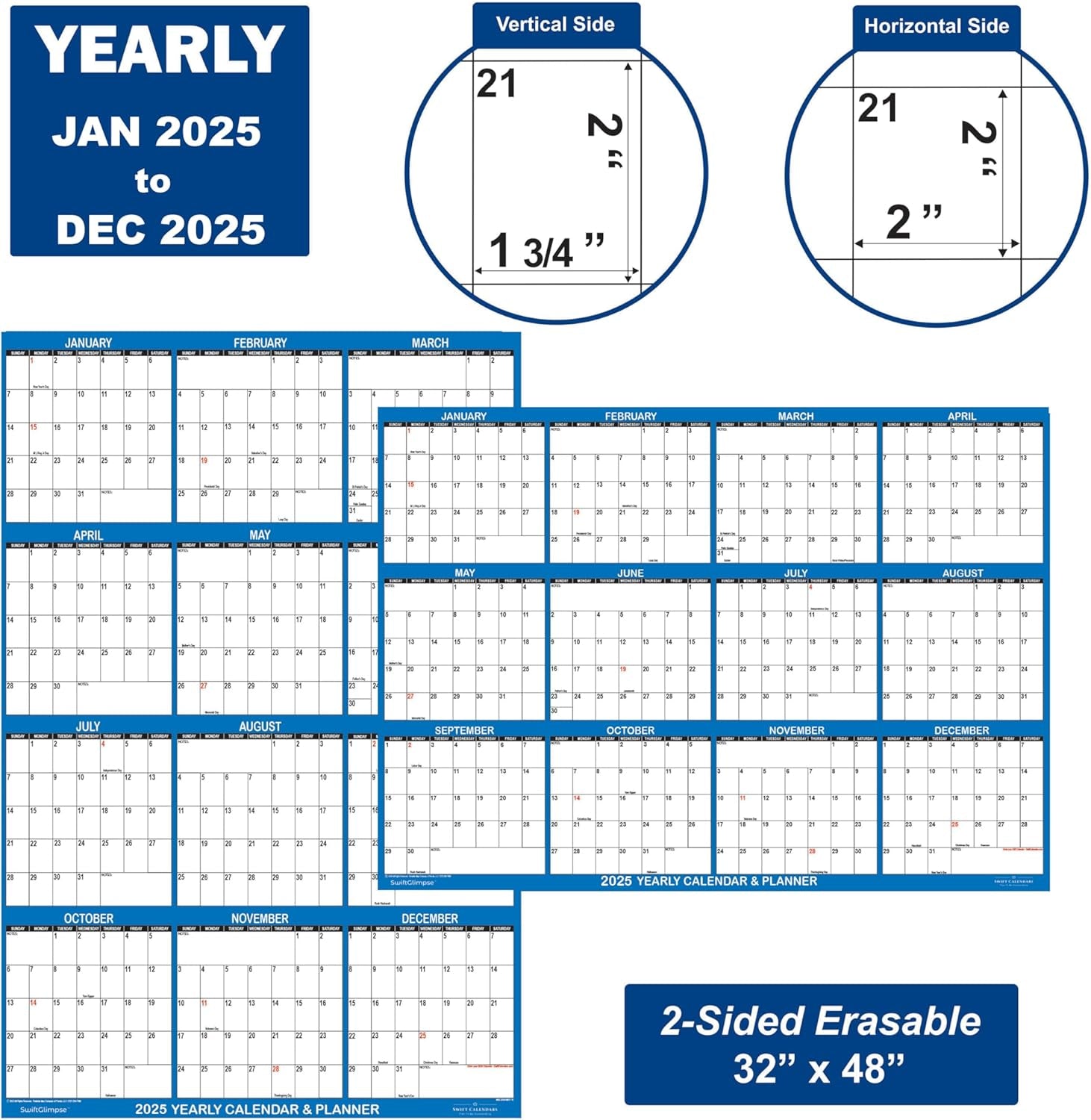 32" X 48" Swiftglimpse 2025 Wall Calendar Erasable Large XL Wet & Dry Erase Laminated 12 Month Annual Yearly Wall Planner, Reversible, Navy