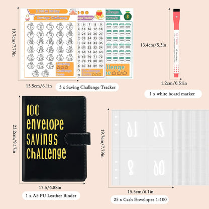 100 Envelopes Challenge Binder A5 Money Saving Binder, PU Leather Envelope Savings Challenge Book, Easy and Funny Way to save $500/$5,050 /$10,000, Budget Binder with Cash Envelopes-Black