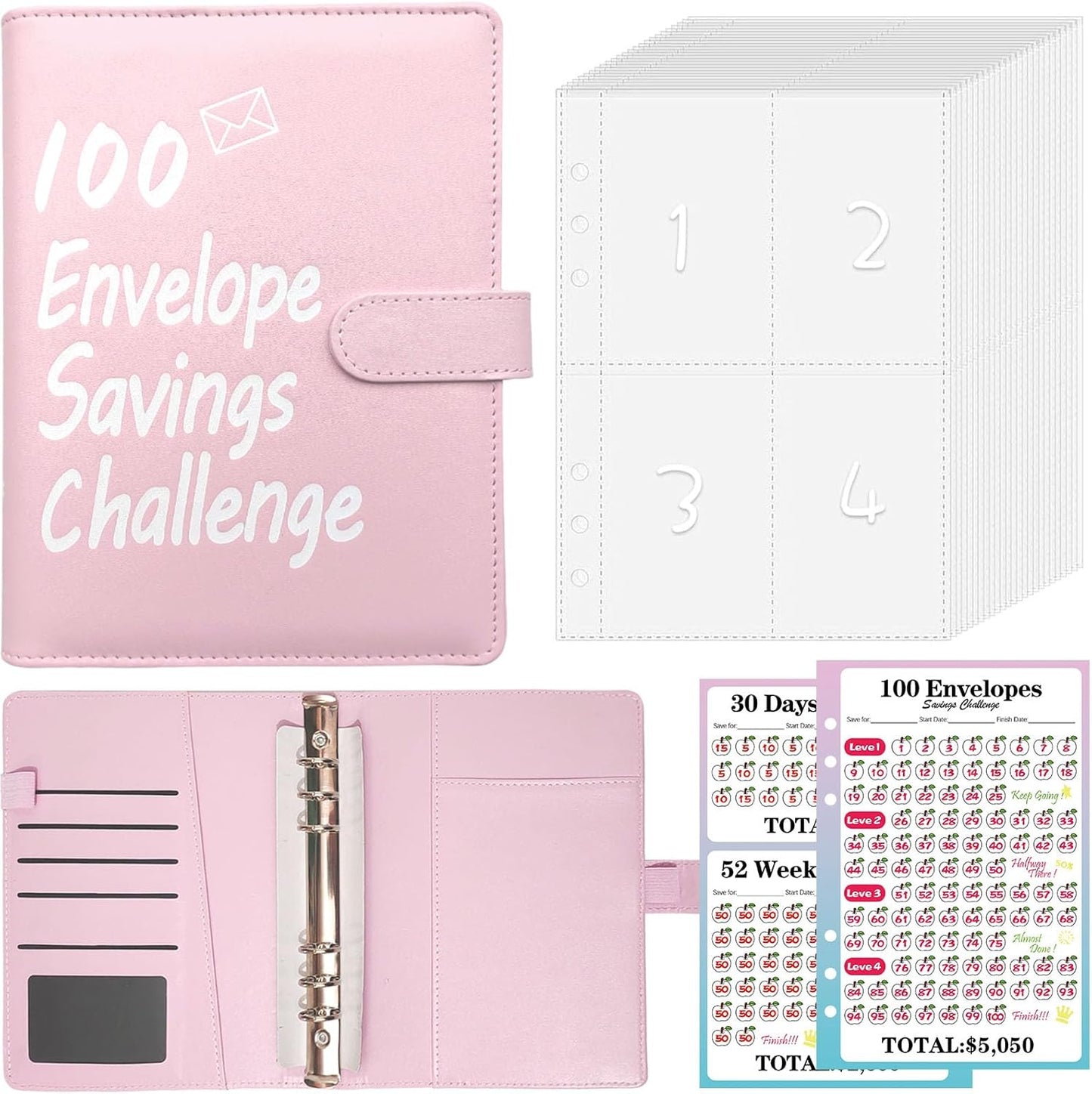 100 Envelopes Money Saving Challenge Binder, A5 Money Saving Budget Binder with Cash Envelopes, Savings Challenge Planner Book, Easy and Fun Way to save $5,050 (Pink)