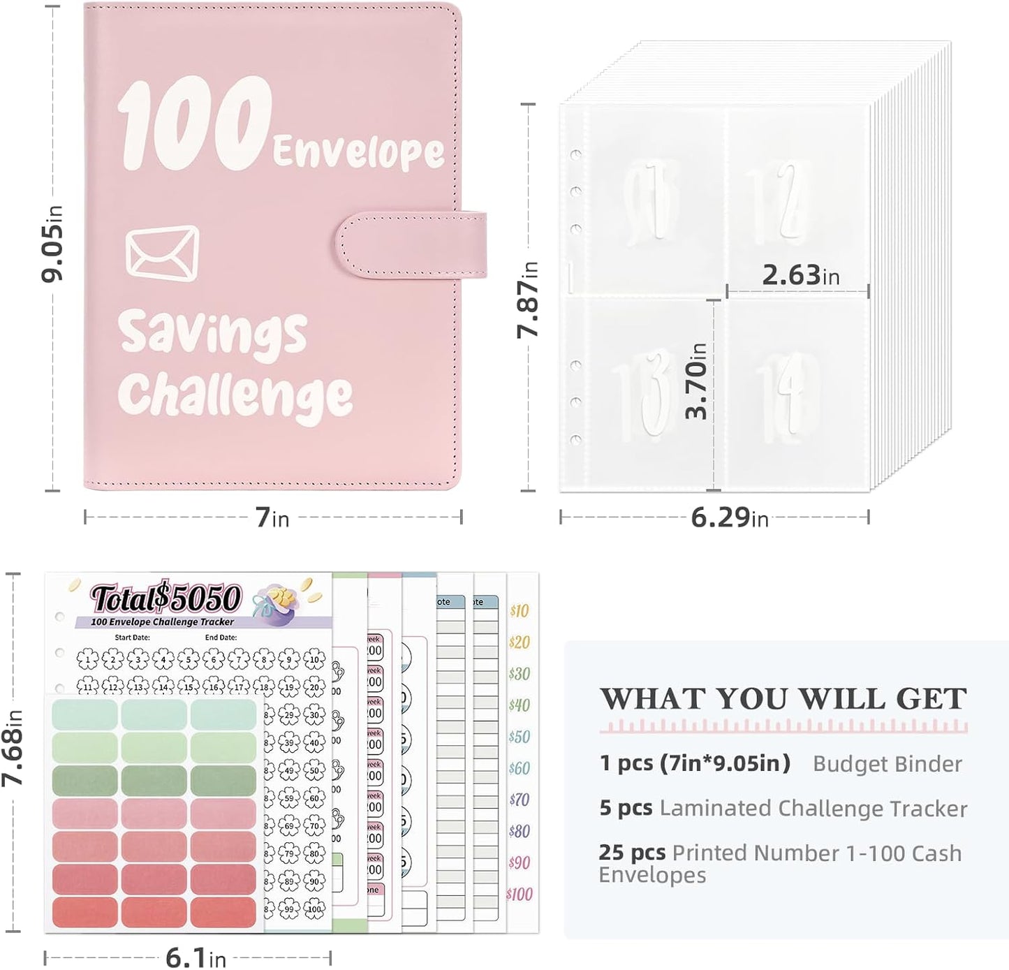 100 Envelopes Money Saving Challenge, Money Saving Binder, Budget Binder Savings Challenge Book, Savings Challenges Budget Book Binder,Budget Planner Book for Saving Money Pink