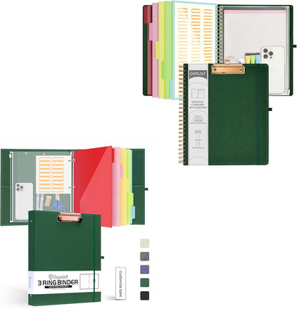 Foldable Spiral Clipboard Folio with Storage Zipper Pouch, 5 Plastic Folders with 10 Pockets,Refillable Lined Notepad (11" X 8.5"), Hardcover Project Organizer with 39 Stickers (Dark Green)