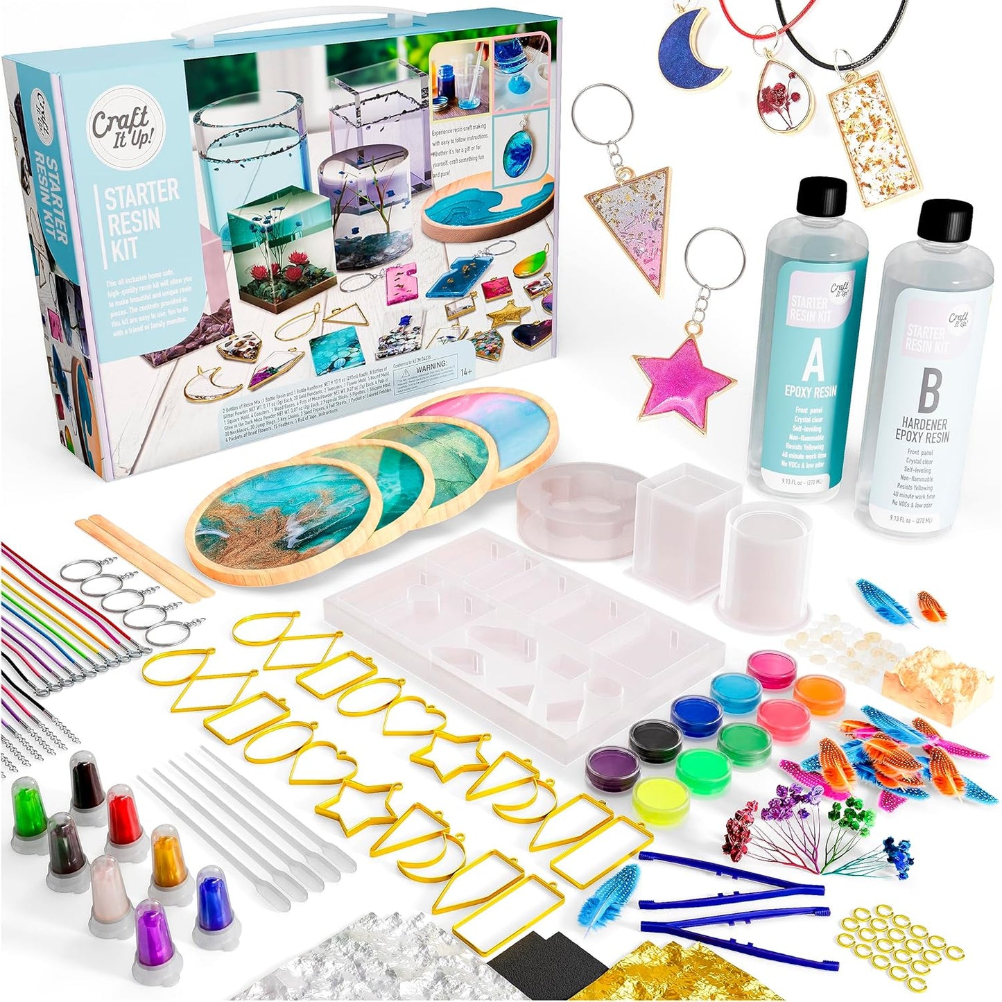 Epoxy Resin Kit for Beginners - Jewerly Making Kit for Kids and Adults - All in One Craft Set with Molds, Charms, Dyes, Dry Flowers & Other - DIY Gift for Girls Boys Childen Adults