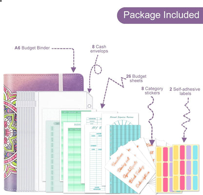 A6 Budget Binder with Zipper Envelopes, Money Bill Organizer for Cash, Money Planner with Cash Envelopes for Budgeting, Money Saving Binder(Purple Mandala)