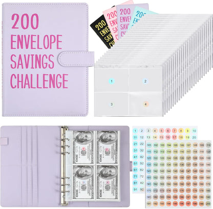 200 Envelope Challenge Binder Money Saving Binder Challenge Book with Cash Envelopes Savings Book Budget Binder Planner Book for Organizer Budgeting 50 Page 200 Card Slot(Purple)