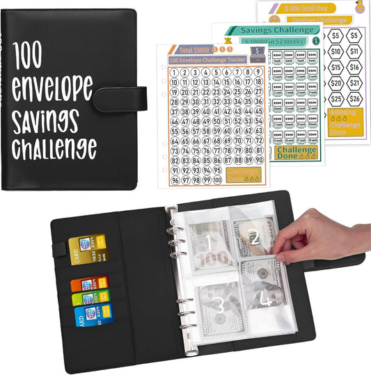 100 Envelopes Money Saving Challenge Binder, A5 Budget Binder with Cash Envelopes, Savings Challenges Book to save $5,050, 10,000, 500, Budget Planner for Budgeting Planner Saving Money, Black