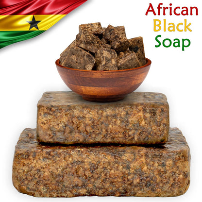 Raw African Black Soap Bar 8 Oz. - 100% Pure Natural from Ghana. Acne Treatment, Aids against Eczema & Psoriasis, Dry Skin, Scars and Dark Spots. Great for Pimples, Blackhead, Face & Body Wash.