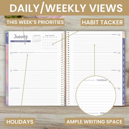 2025 (8.5" X 11") Calendar Year Day Planner (January 2025 - December 2025) - Weekly/Monthly Dated Agenda Organizer with Stickers & Tabs - Cotton Candy Clouds