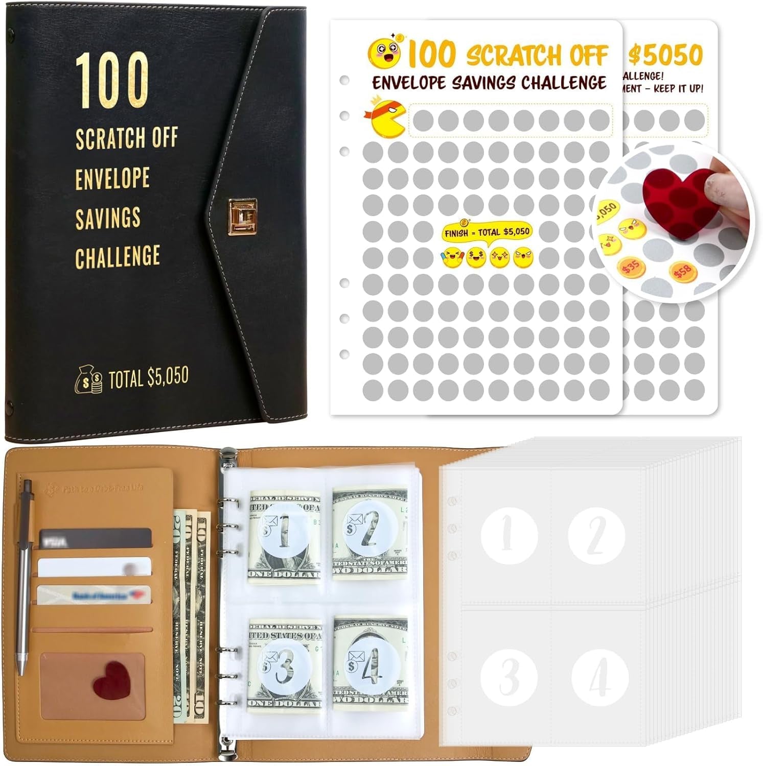 100 Envelopes Money Saving Challenge with 2 Scratch-Off Cards of $5050 - Unknown Random Daily Money,100 Day Challenge Money Saving Binder Budget Planner, Leather Cover Budget Book for Cash 2024